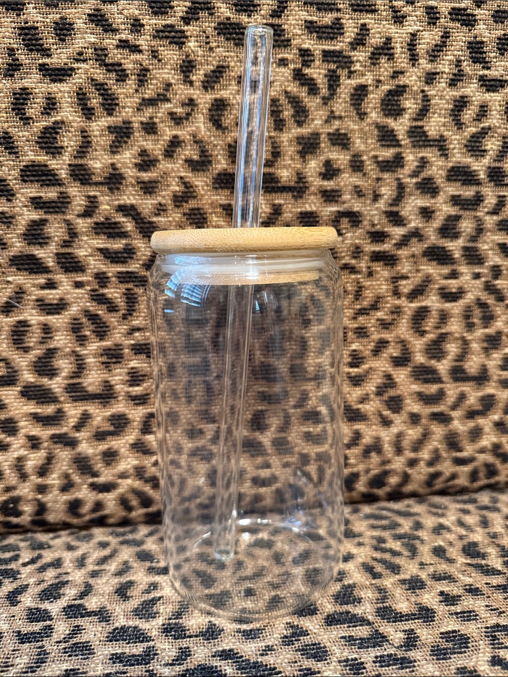 Clear Glass Tumbler with Natural Wood Lid and Glass Straw. 5 1/2” tall.